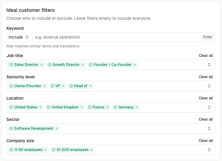 Ideal customer filters: job title, seniority, location, sector and company size