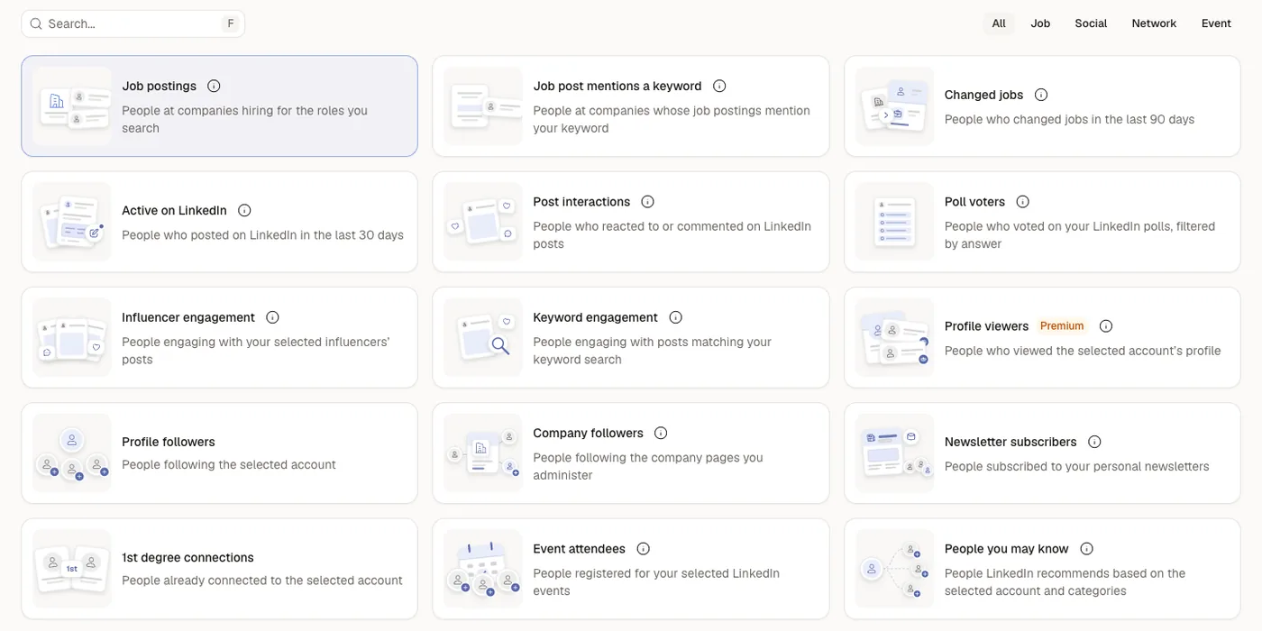 The signal picker with 15 LinkedIn buying signals, Job postings selected
