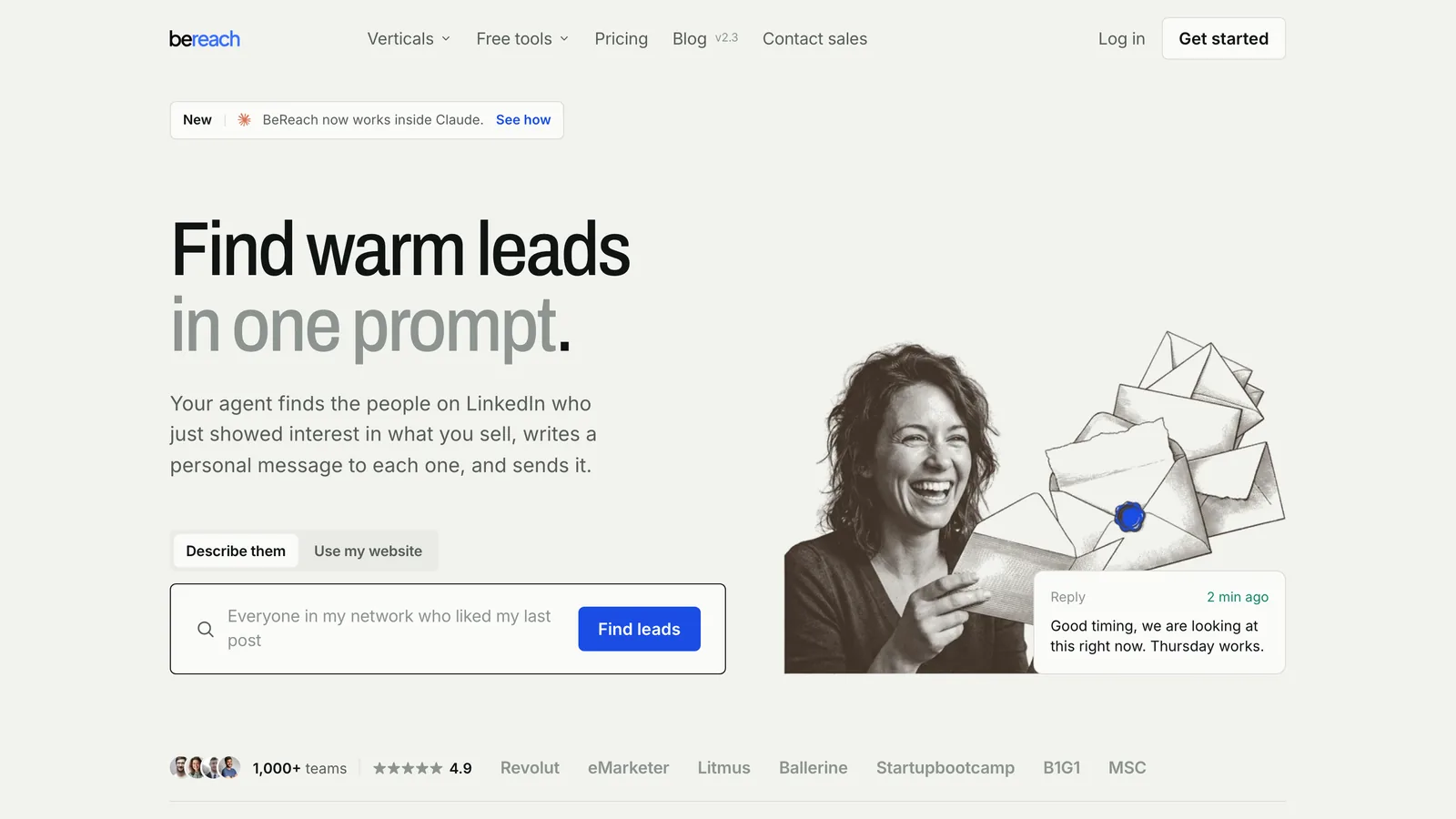 BeReach homepage: find warm leads in one prompt