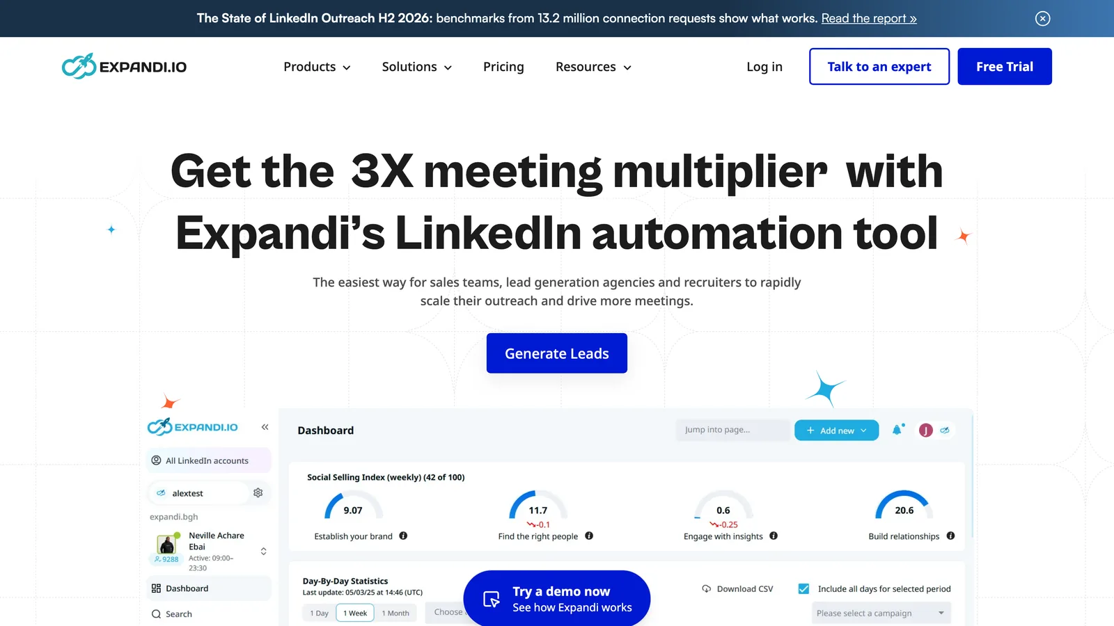 Expandi homepage: get the 3X meeting multiplier with Expandi's LinkedIn automation tool