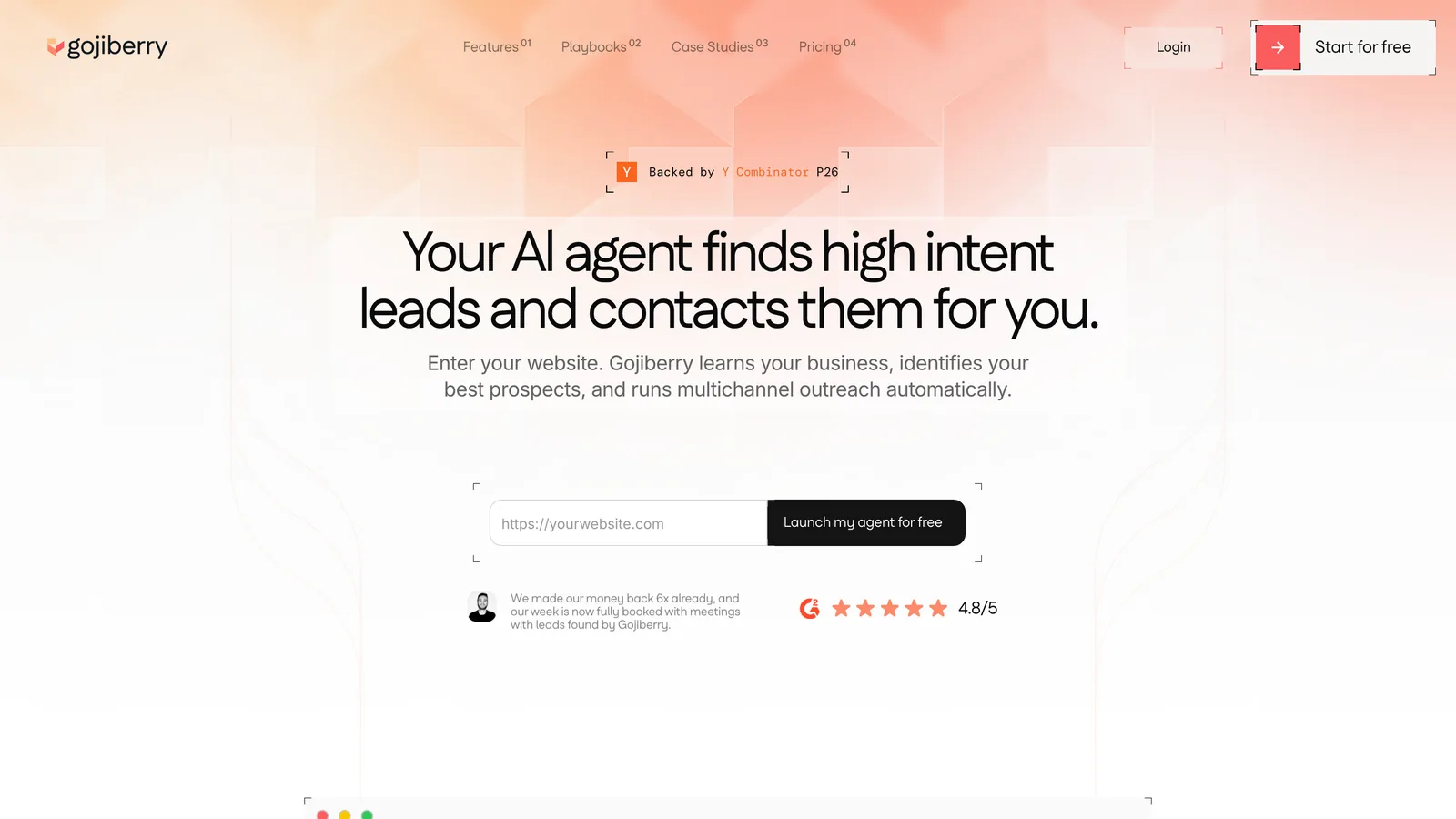 Gojiberry homepage: your AI agent finds high intent leads and contacts them for you