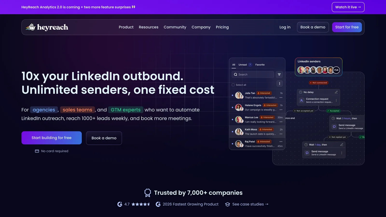 HeyReach homepage: 10x your LinkedIn outbound, unlimited senders, one fixed cost