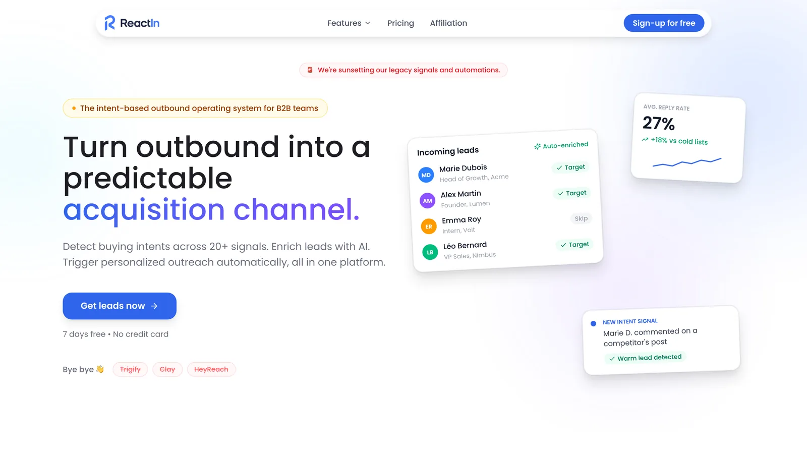 ReactIn homepage: turn outbound into a predictable acquisition channel