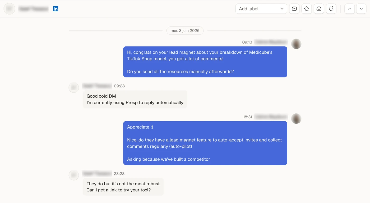 A LinkedIn conversation started with a signal-based icebreaker, where the prospect replies "Good cold DM"