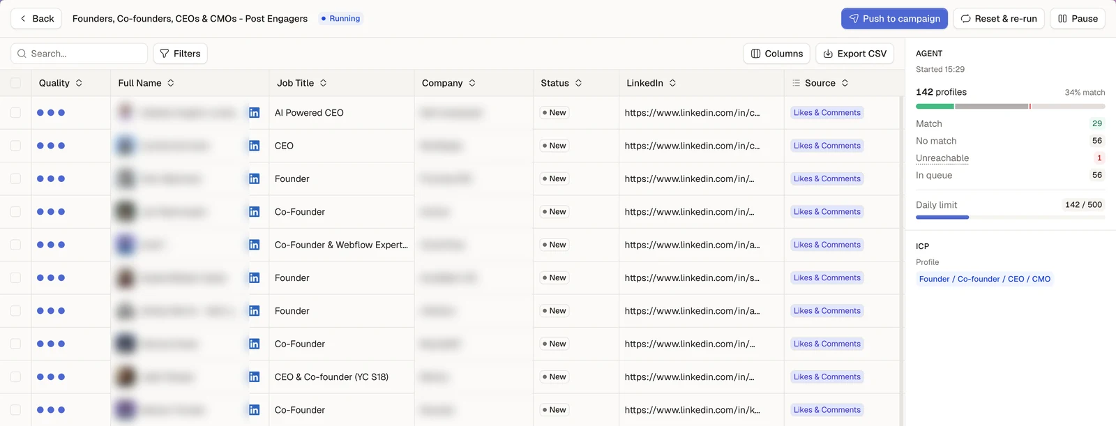 A Sendable lead list built from post engagement, with an agent scoring 142 profiles against the ICP