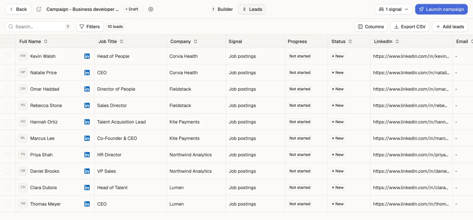 The campaign Leads tab listing the ten approved leads, each tagged with the Job postings signal