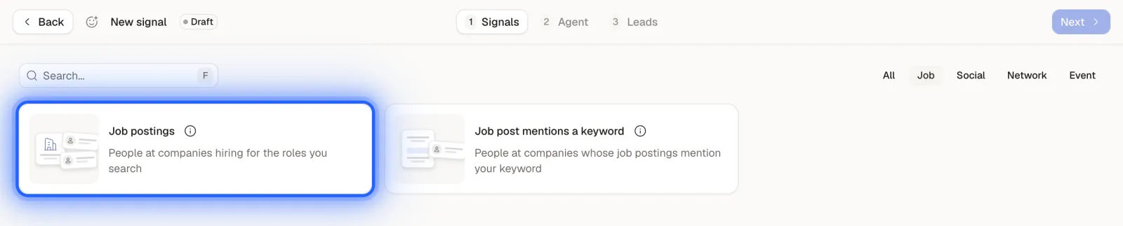 The signal catalog filtered on Job, with the Job postings card highlighted next to Job post mentions a keyword