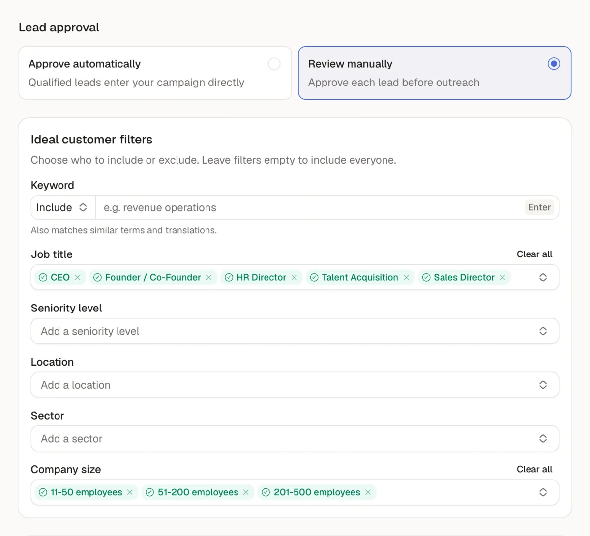 The Agent tab with lead approval set to Review manually and ideal customer filters on job title and company size