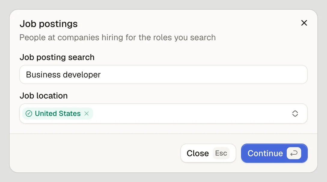 The Job postings settings: the job posting search Business developer and the job location United States