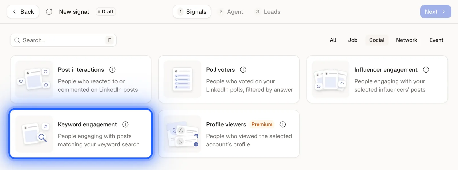 The signal catalog filtered on Social, with the Keyword engagement card next to Post interactions, Poll voters, Influencer engagement and Profile viewers