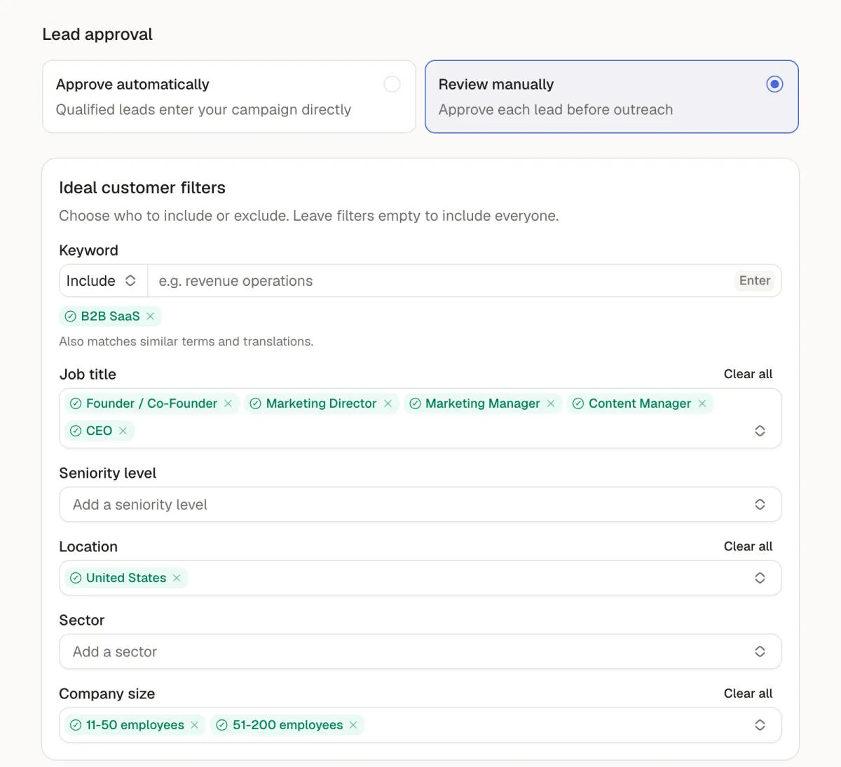 The Agent tab with lead approval set to Review manually and ideal customer filters on keyword, job title, location and company size