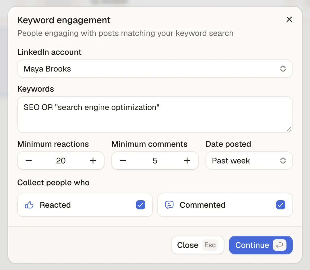 The Keyword engagement settings: LinkedIn account, the keyword search SEO OR "search engine optimization", at least 20 reactions and 5 comments, posts from the past week, collecting people who reacted and commented
