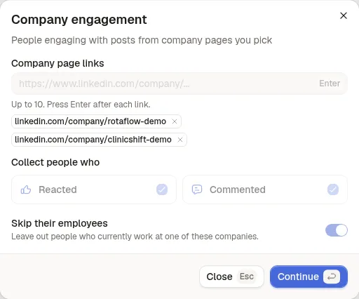 Company engagement settings in Sendable: two competitor company pages, reactions and comments collected, their employees skipped