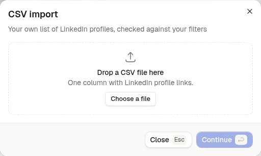 CSV import in Sendable: drop a CSV file with one column of LinkedIn profile links