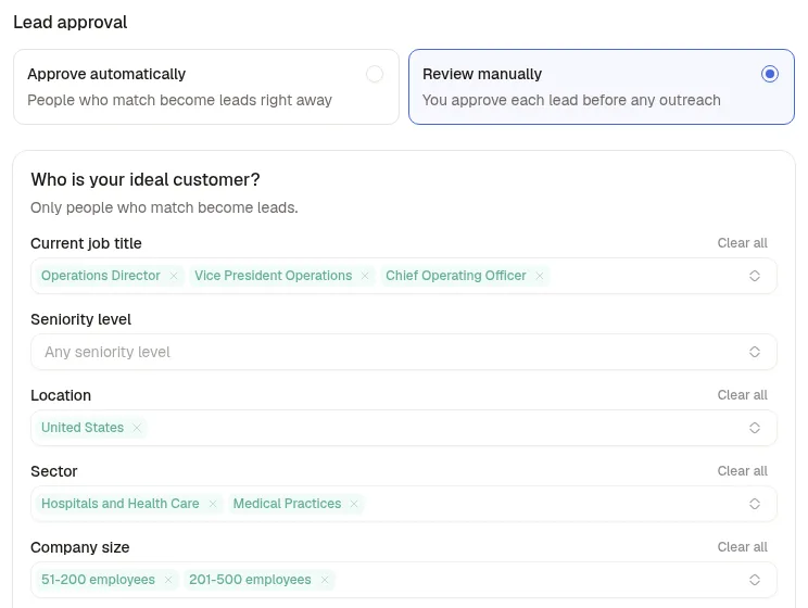 Ideal customer in Sendable: review manually, operations titles, United States, health care sectors, 51 to 500 employees