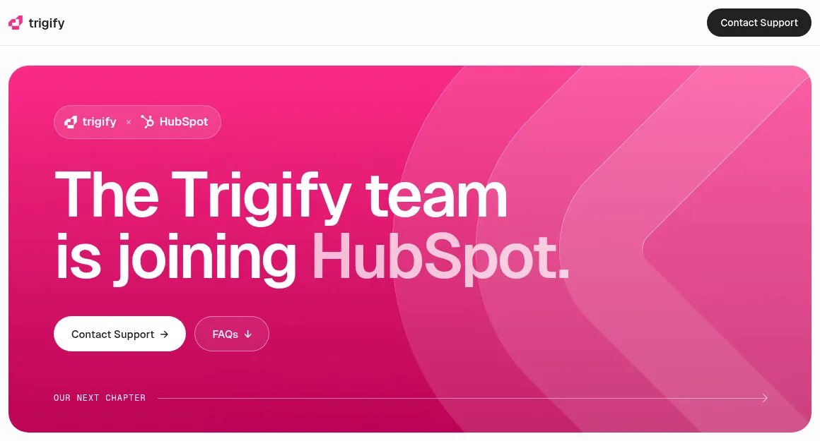 Trigify's homepage on October 28, 2026: the Trigify team is joining HubSpot